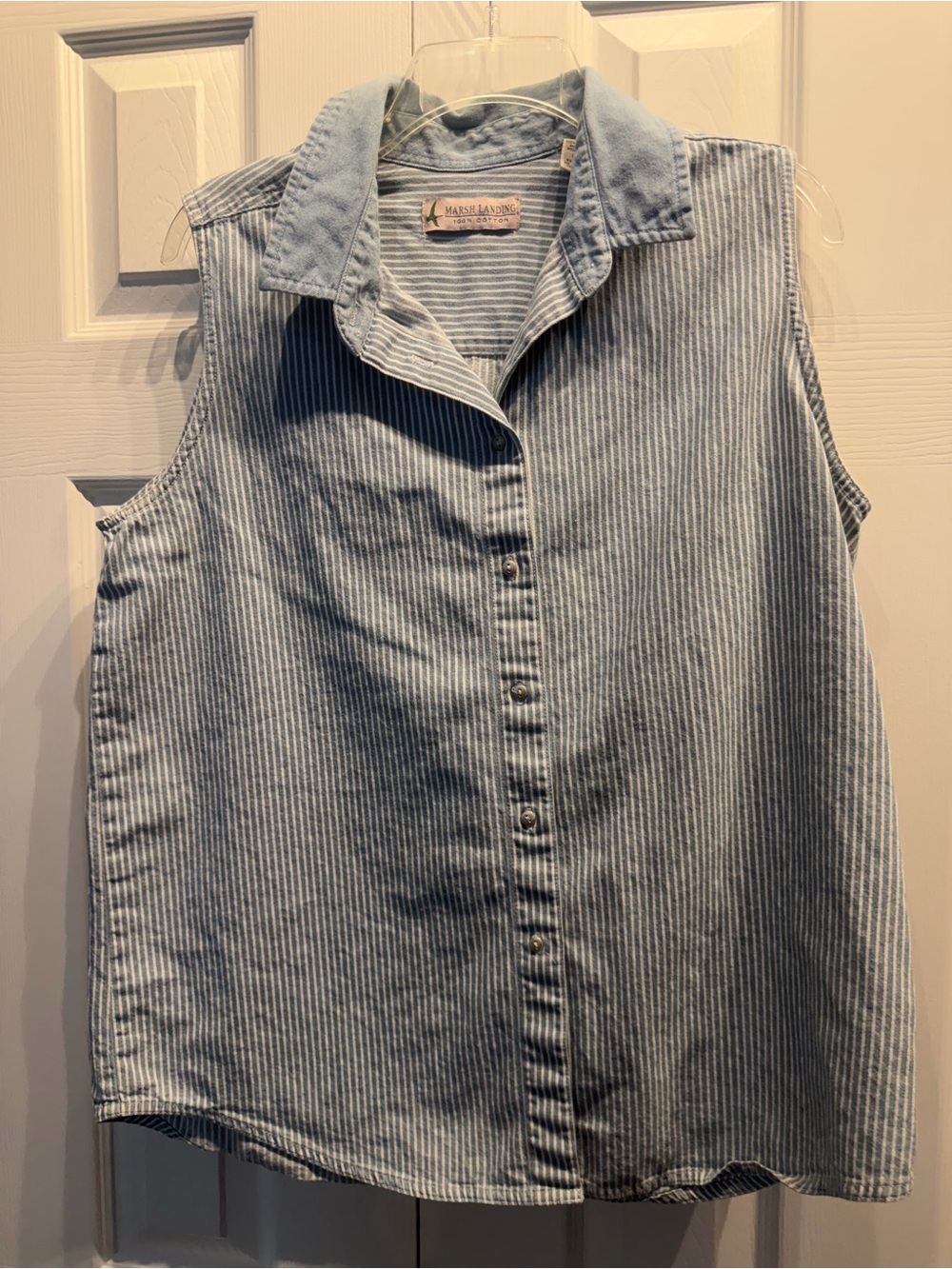 Marsh Landing Light Blue & White Sleeveless Striped Button-Down Denim Top